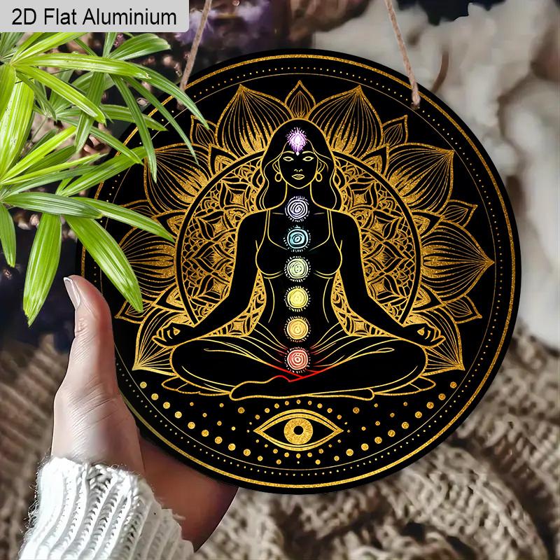 2D Flat Bohemia Aluminium Sign with Meditation & Chakra Pattern - Vintage Figurine Ornaments - Ideal for Front Door, Wall, Porch, Fence Decor - Ideal