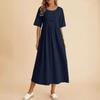 Vestido largo holgado de lino y algodón con cuello redondo y bolsillos, color liso, para mujer, de media manga y plisado