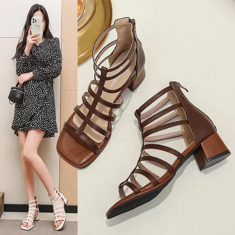 Fashion Women Summer New High-heeled Platform Boots Women Fashion Square Toe Hollowed  Out Sandals Solid Color Sexy Party Dress Sandals