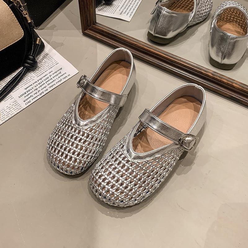 Mary Jane single shoes women's 2025 spring new flat-soled soft-soled one-word with mesh hollow woven fishing net shoes sandals