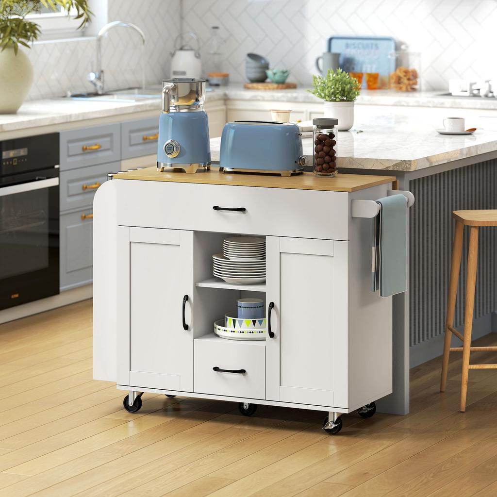 Rolling Kitchen Island, Fold-Out Worktop, Soft-Close Cabinet Doors, Drawers, Towel Holder, MDF, White