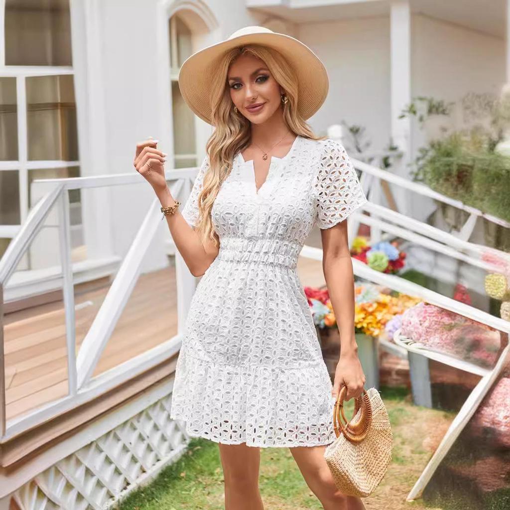 2026 V-Neck A-Line Lace Ruffled Short Sleeve Dress for Women XXL белый