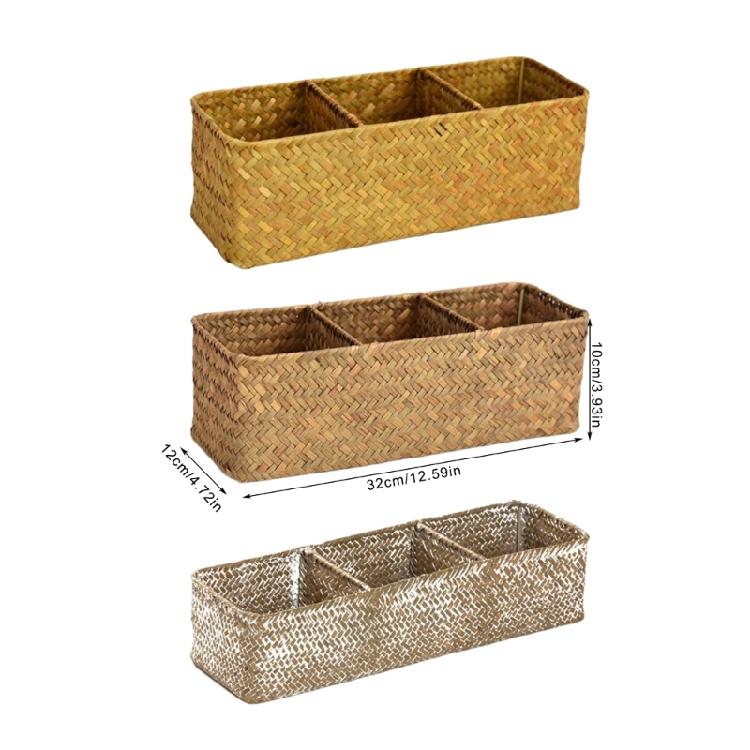 Koszyk do przechowywania na biurko z 3 przegródkami Ręcznie pleciony z trawy morskiej Organizer na biurko na kosmetyki Trzy kratki Uchwyt na artykuły papiernicze