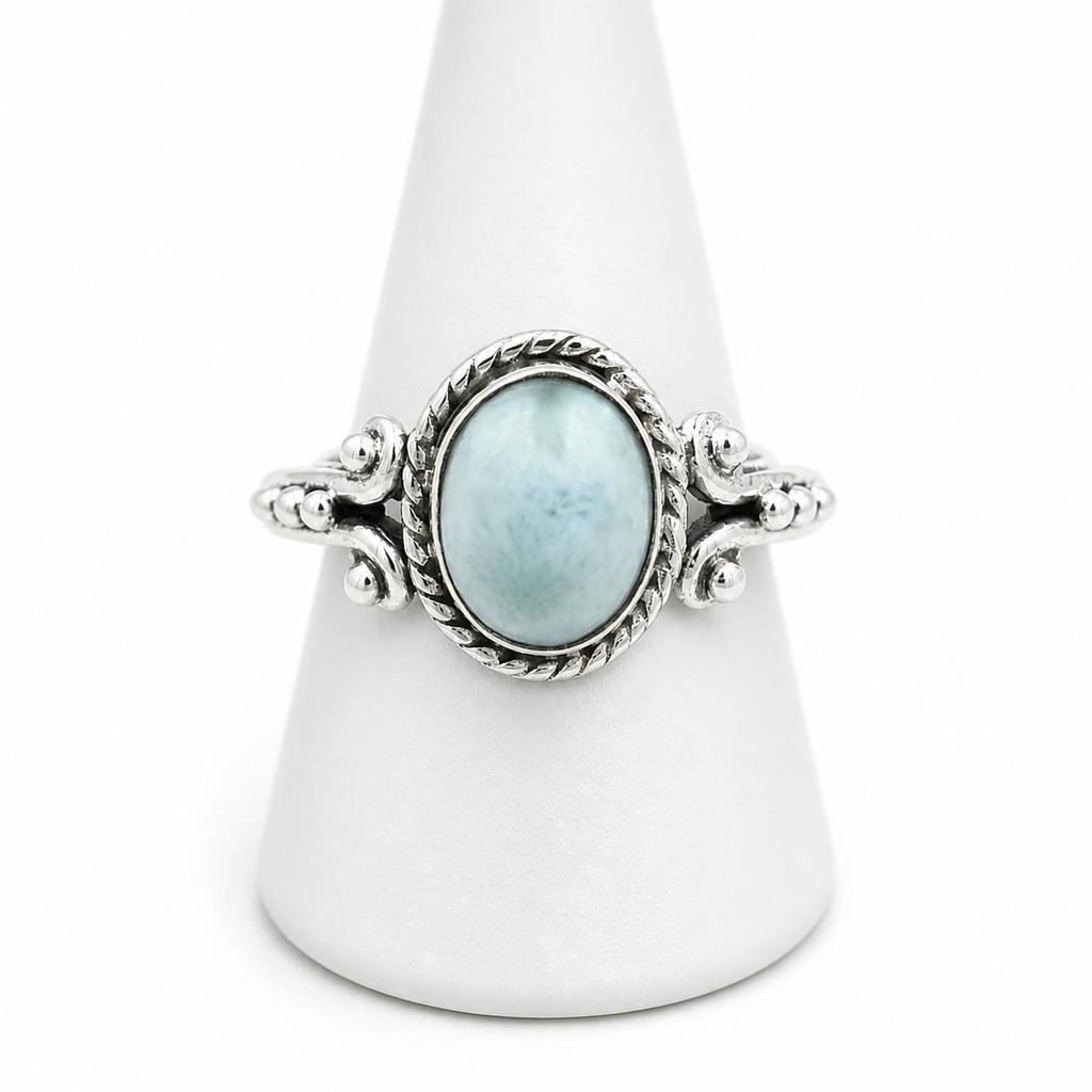 Larimar Oval Ring 925 Sterling Silver, Natural Caribbean Blue Larimar Stone Ring, Vintage Inspired Handmade Jewelry