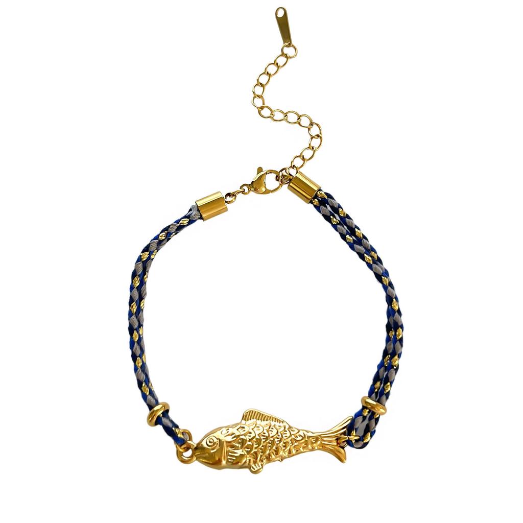 Handmade Woven Lucky Fish Bracelet Lucky Fish Bracelet 18K Gold Plated Fish Charm Woven Chain Bracelet