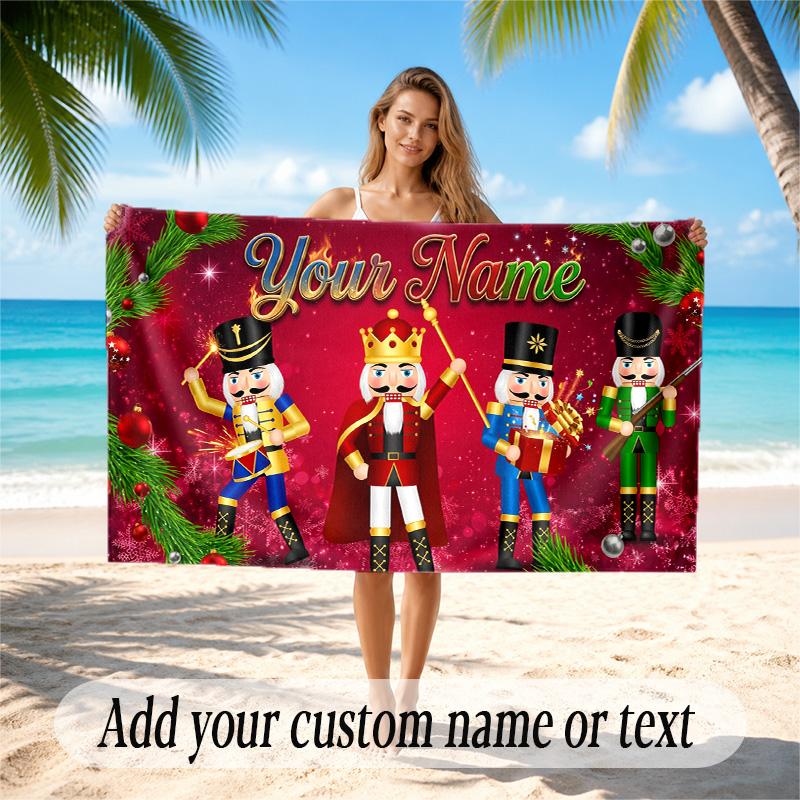Christmas Theme Quick Dry Beach Towel Custom Name Text Print Large Sand Resistant Towel Beach Vacation