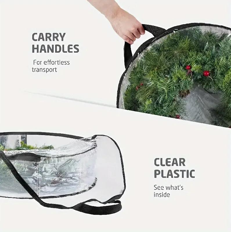 Folding Christmas Wreath Storage Bag With Handle Transparent Cover Tear Resistant Clean Up Holiday Carry Organizer Container