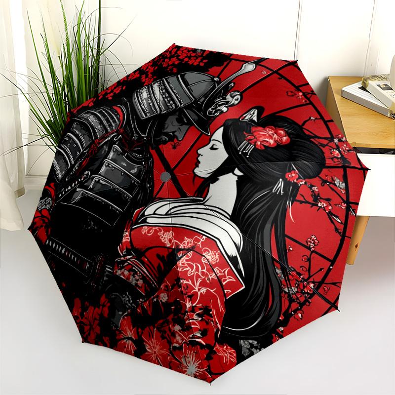Beauty and Samurai  Pattern, Automatic Folding Umbrella, Portable and Foldable Design, 8 Ribs, a Christmas or Birthday Gift.