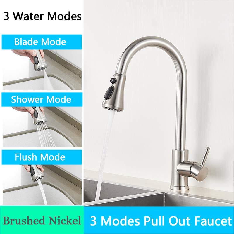 Brushed Nickel Kitchen Faucet Flexible Pull Out Nozzle Kitchen Sink Mixer Tap Stream Sprayer Head Deck Black Hot Cold Water Taps