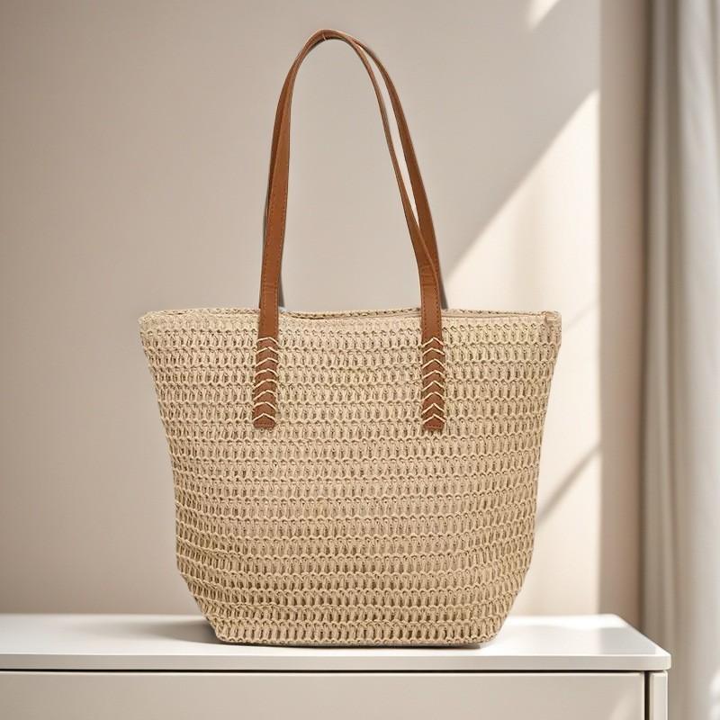 Fashionable and Versatile Women's Woven Bag with Zipper for Travel, Large Capacity Beach Bag, Handbag