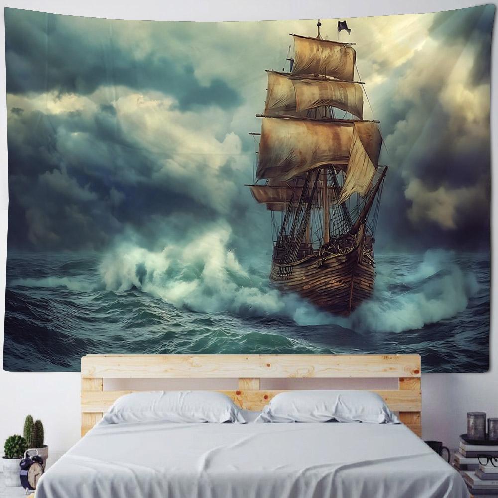 Ozean Ölgemälde Wandteppich Retro Piratenschiff Wandbehang, Hippie Heimdekoration Wandbild, Wohnzimmer und Schlafzimmer Kunstdekoration
