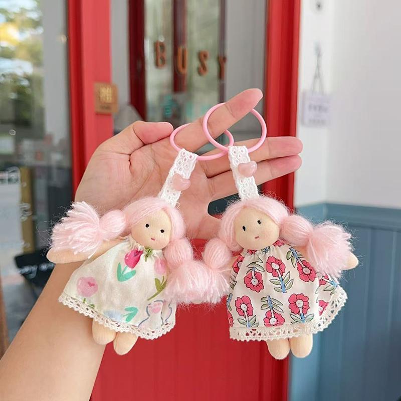 Cute Cartoon Doll In Floral Dress Keychain For Woman Girls Pendant Bag Decor Braid Accessory Fabric Toy Keyring Decoration