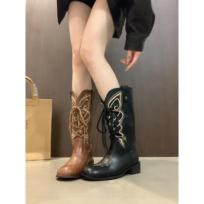 Coarse heel retro knight boots western cowboy boots women's shoes autumn and winter 2025 new cross-lace-up Martin boots long boots