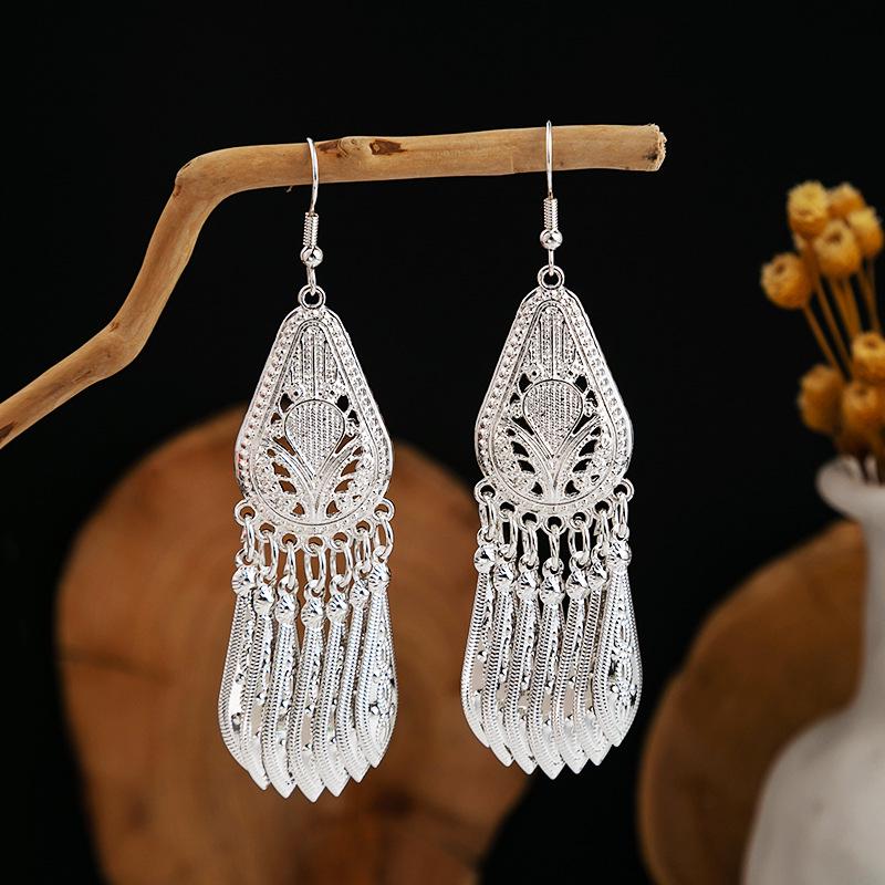 Imitation Miao Silver Ethnic Long Leaf Tassel Dangle Earrings