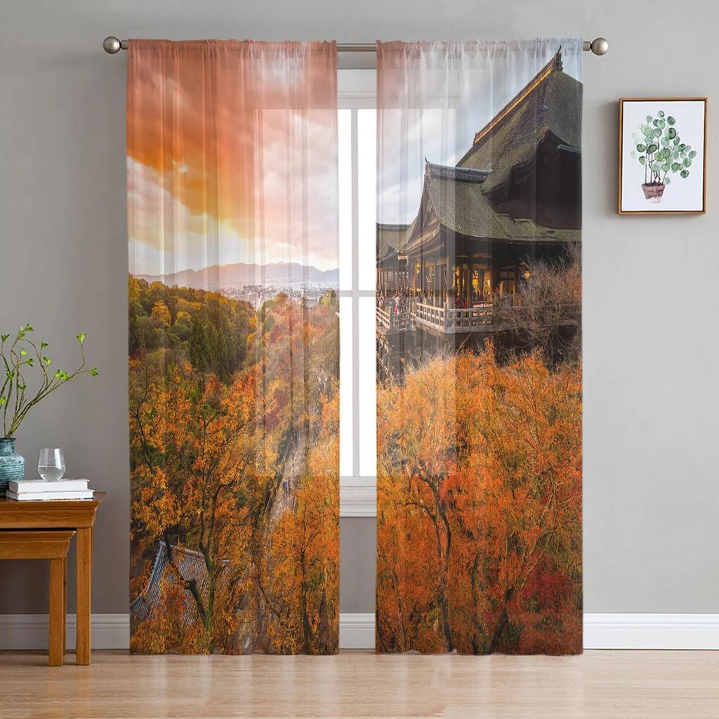Japan Red Sun Geisha Woman Dragon Bamboo Šifon Průsvitné závěsy do obývacího pokoje Ložnice Dekor Okno Voál Tyl Závěsy na záclony