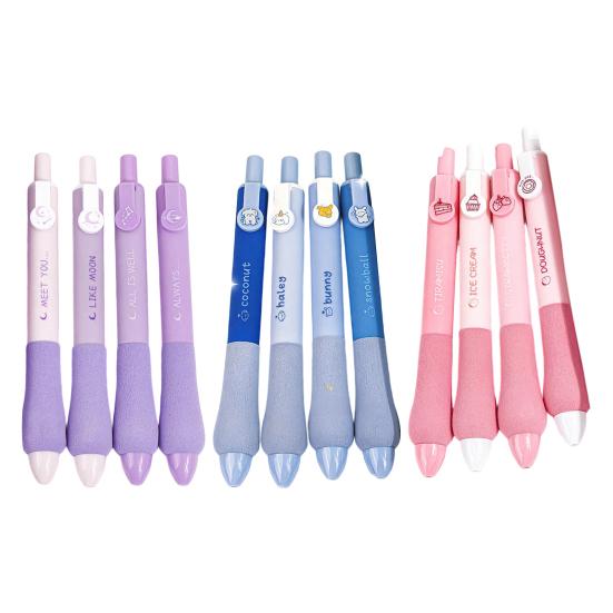 4er-Set Cartoon-Gelstifte mit Einzugsmechanismus, schnelltrocknende schwarze Tinte, 0,5 mm feine Spitze, Schwammgriff für sanftes Schreiben, ideal für Schüler, Schule und Büro