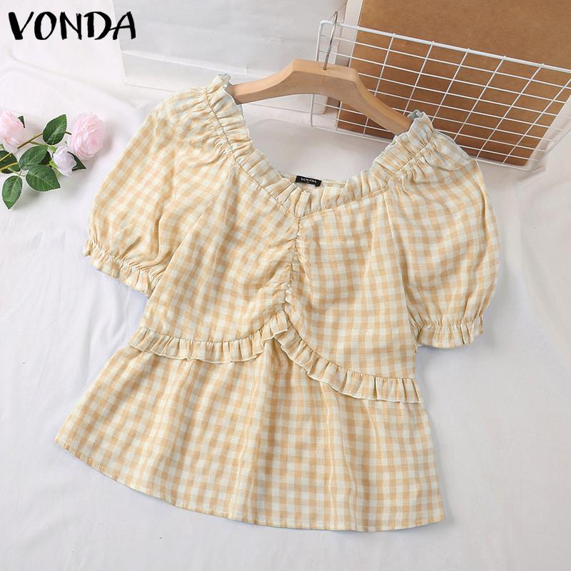 

VONDA Летняя женская блузка с v-образным вырезом и пышными рукавами в клетку