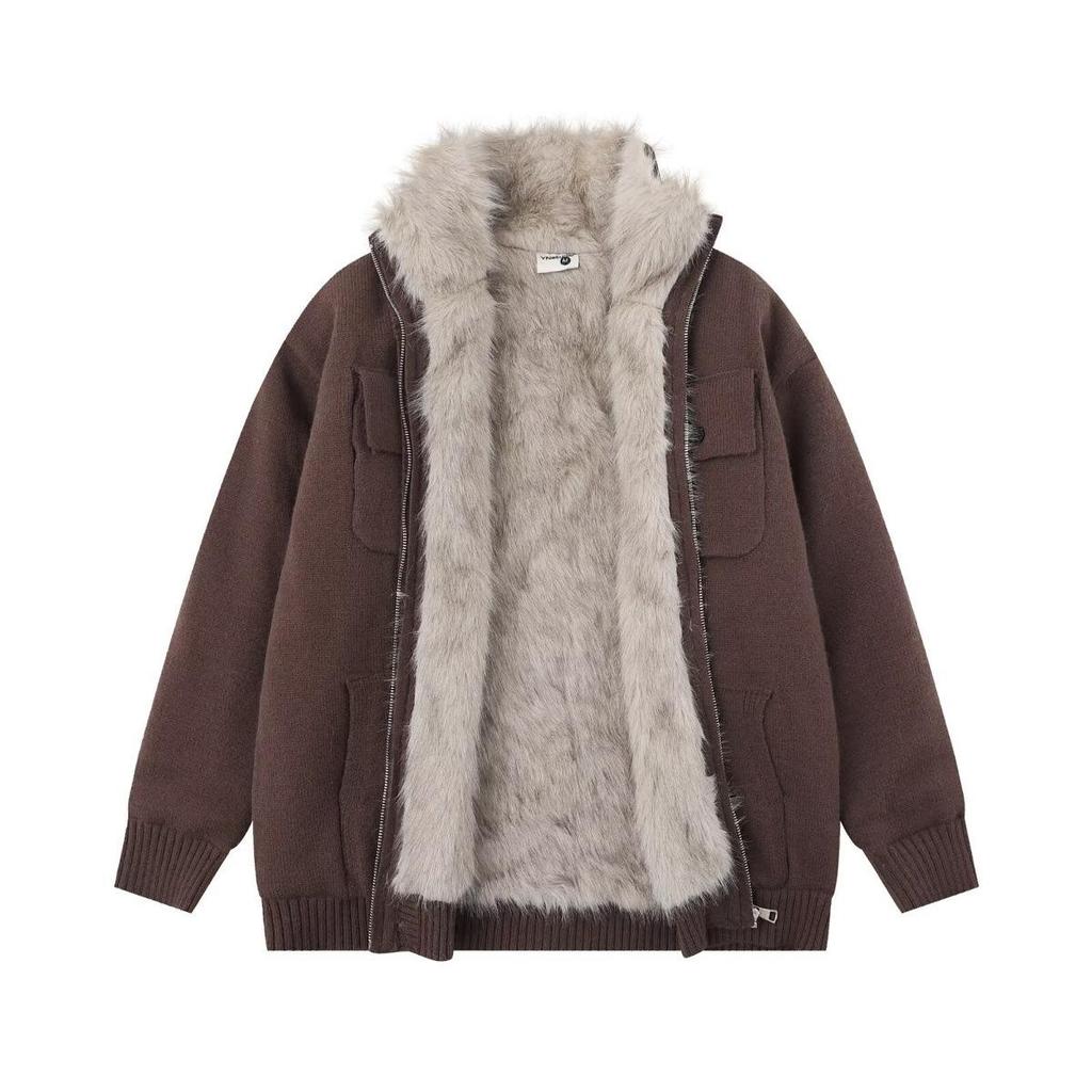 2026 Höst/Vinter Herrarbetsklädesstil Ståkrage Blixtlås Cardigan med Pälskrage