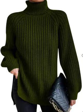 2026 autumn and winter new cross-border turtleneck knitted sweater medium and long shoulder sleeves high lapel split ends soft and comfortable women's