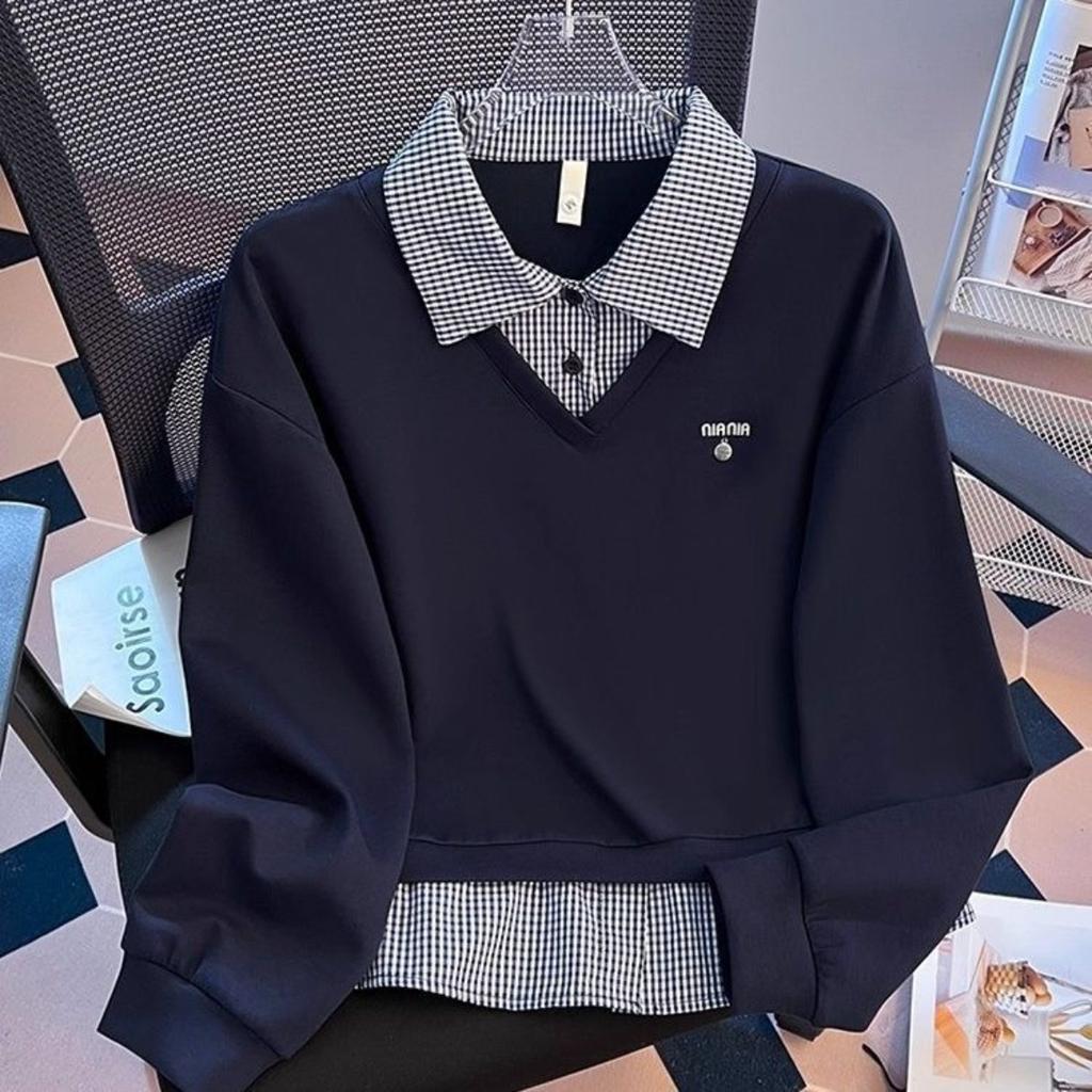 Damska bluza z kapturem z efektem dwóch części, z naszywanym kołnierzem w kratę, o wiosenno-jesiennym designie, luźna