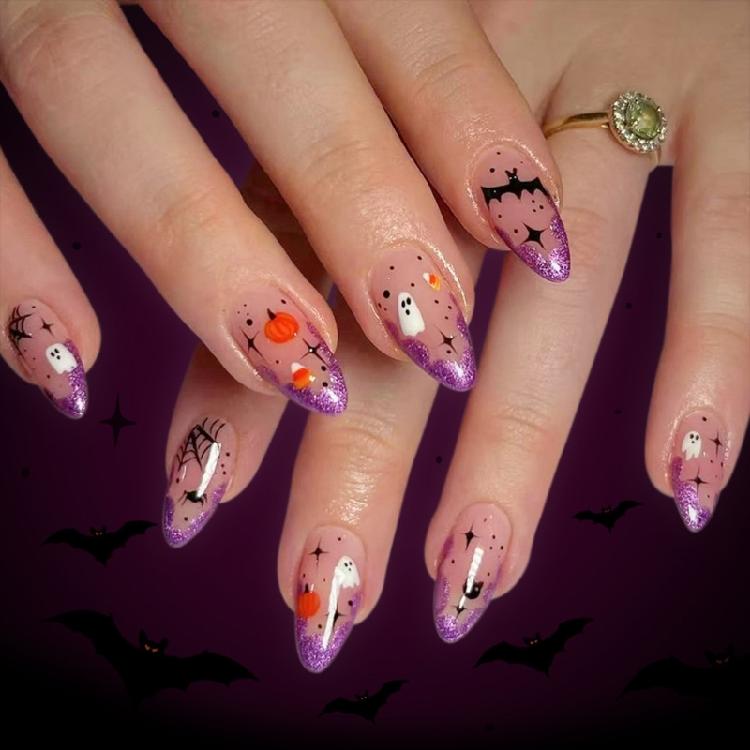 

Press On Nail 24PCS Halloween Special Glittering Cobweb Ghosty Design Premium ABS For Costume Party Wear 1