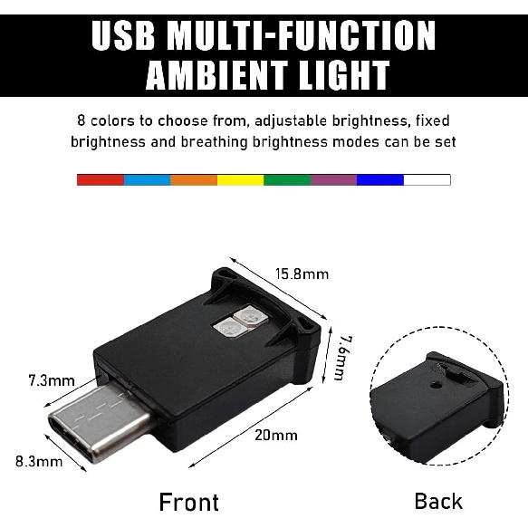 povtii USB Type C LED Ambient Light, Mini 8 Colors RGB LED Light, Adjustable Brightness Interior Atmosphere Lamp for Automotive, Home, Laptop,