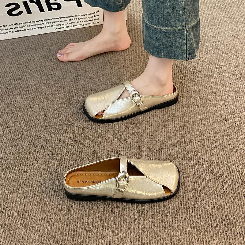 French flat bottom square head bag head half slippers women's summer wear 2025 new one-pedal with skirt single shoes sandals