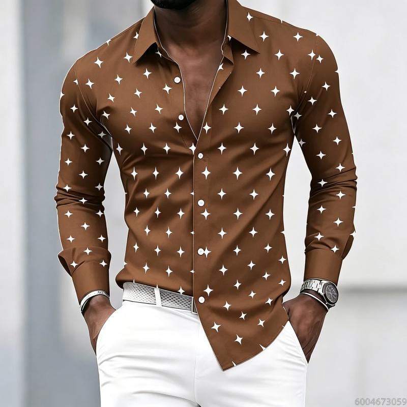Men's Collared Long-sleeved Shirt, Classic Black Base with White Star Print, Slim Fit, Suitable for Commuting and Going Out.