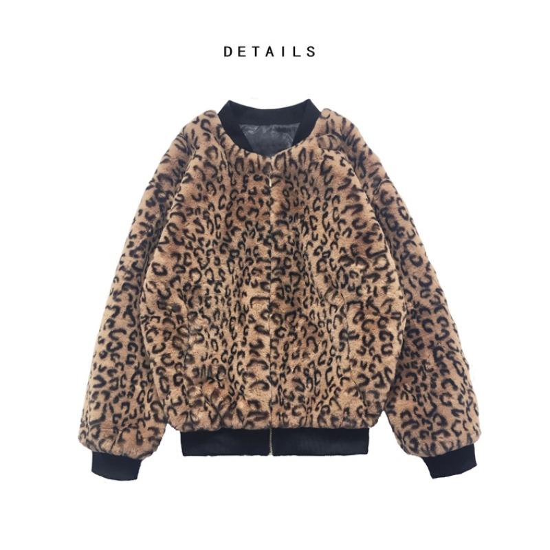 Autumn and Winter Leopard Print Jacket Rabbit Fur Jacket Fashion Baseball Jersey Threaded Women's Clothing Medium and Long Zipper Fur Clothes