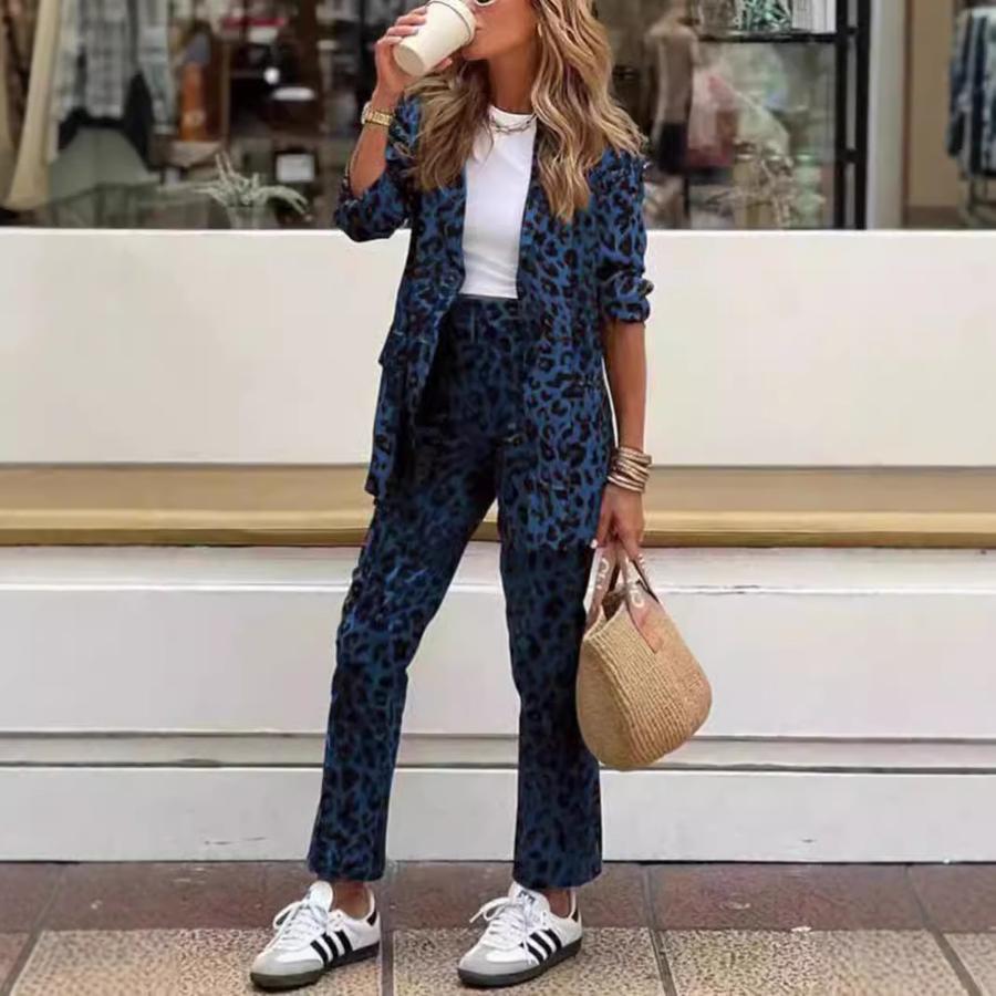 Bohemian Leopard Print Long Sleeve Top High Waist Set with Pants