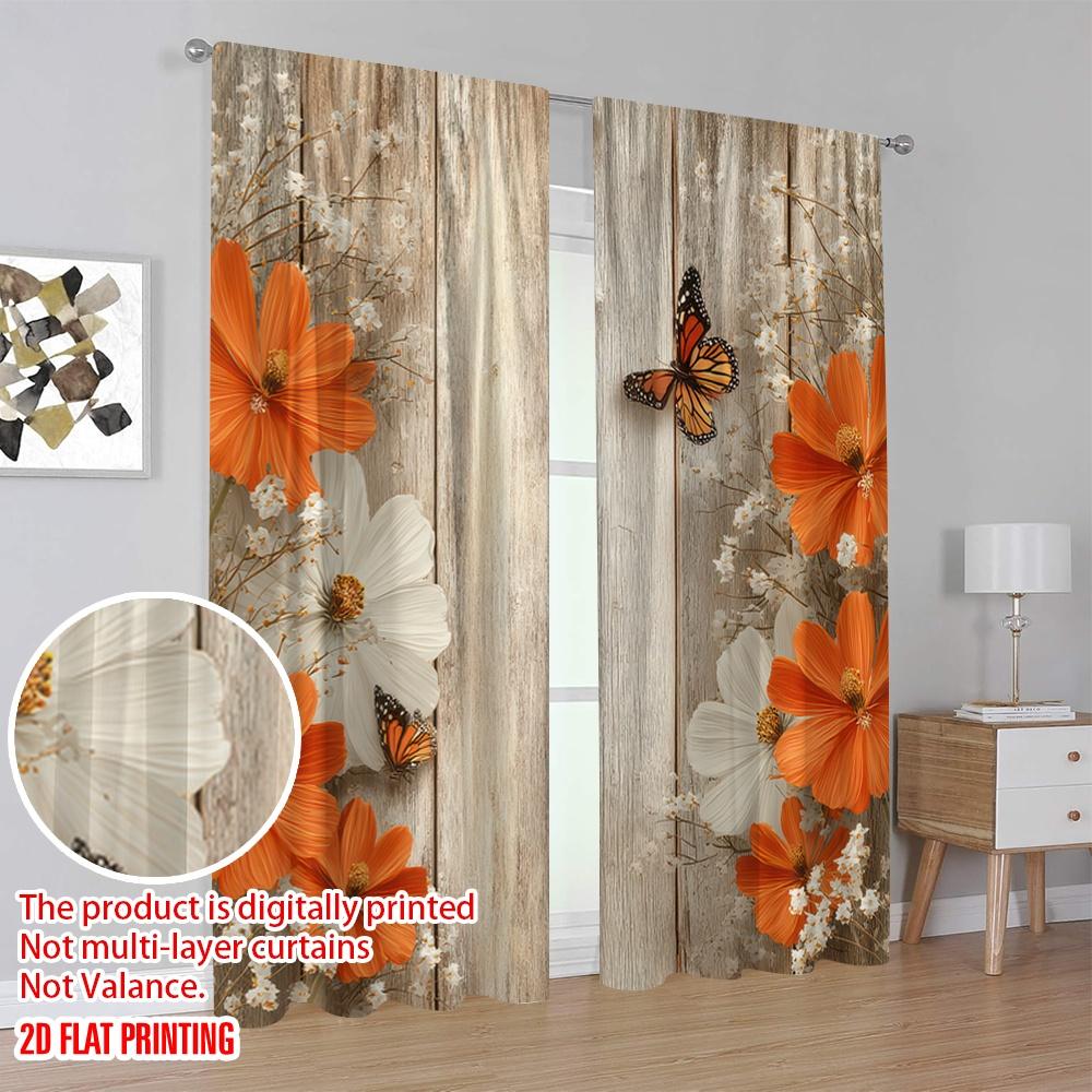2D Flachdruck 2 Stück Fenstervorhänge Orange Schmetterlinge Weiße Blumen Bordüre Polyester Ohne Strom Familienfeier für