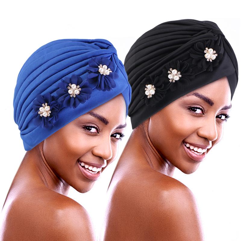 Flower Pearl Turban Pleated Inner Hijab Hat Women Chemo Cap Muslim Headscarf Beanies Bonnet Arab Islamic Hair Loss Turbante