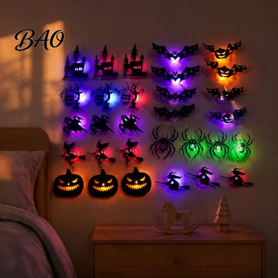 Haunted House Theme Decor 30Pcs Halloween Wall with LED Light, Glowing Bat Ghost itch Festive Decals Spider Silhouette Decoration, Spooky Light-Up