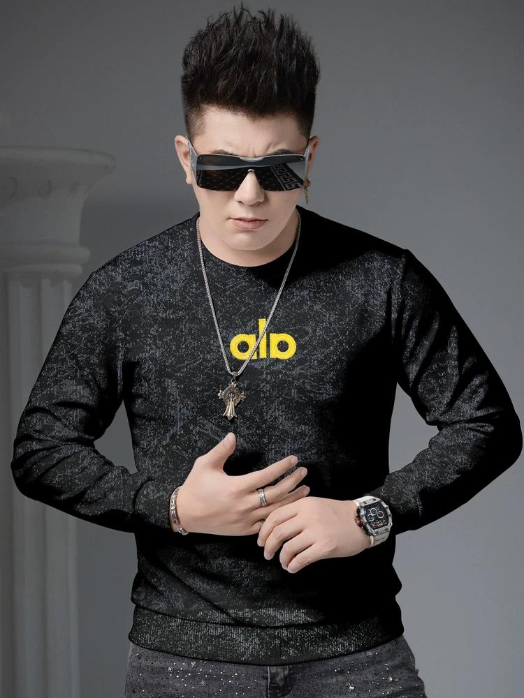 

European Trendy Brand Embroidered Ripped Round-Neck Sweatshirt for Men 2025 New Autumn Casual Base Shirt Long-Sleeve Top for Men L чёрный