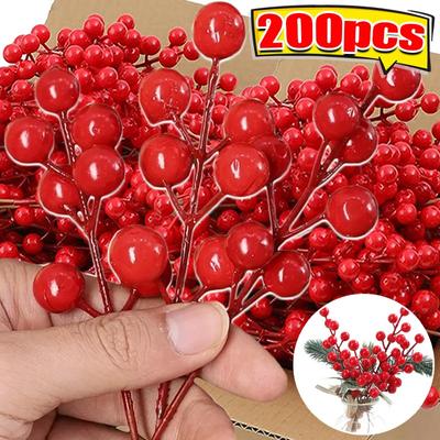 10/200PCS Red Artificial Berries Branch Christmas 7 Heads Holly Berry Stems DIY Craft Wreath New Year Party Xmas Tree Decoration