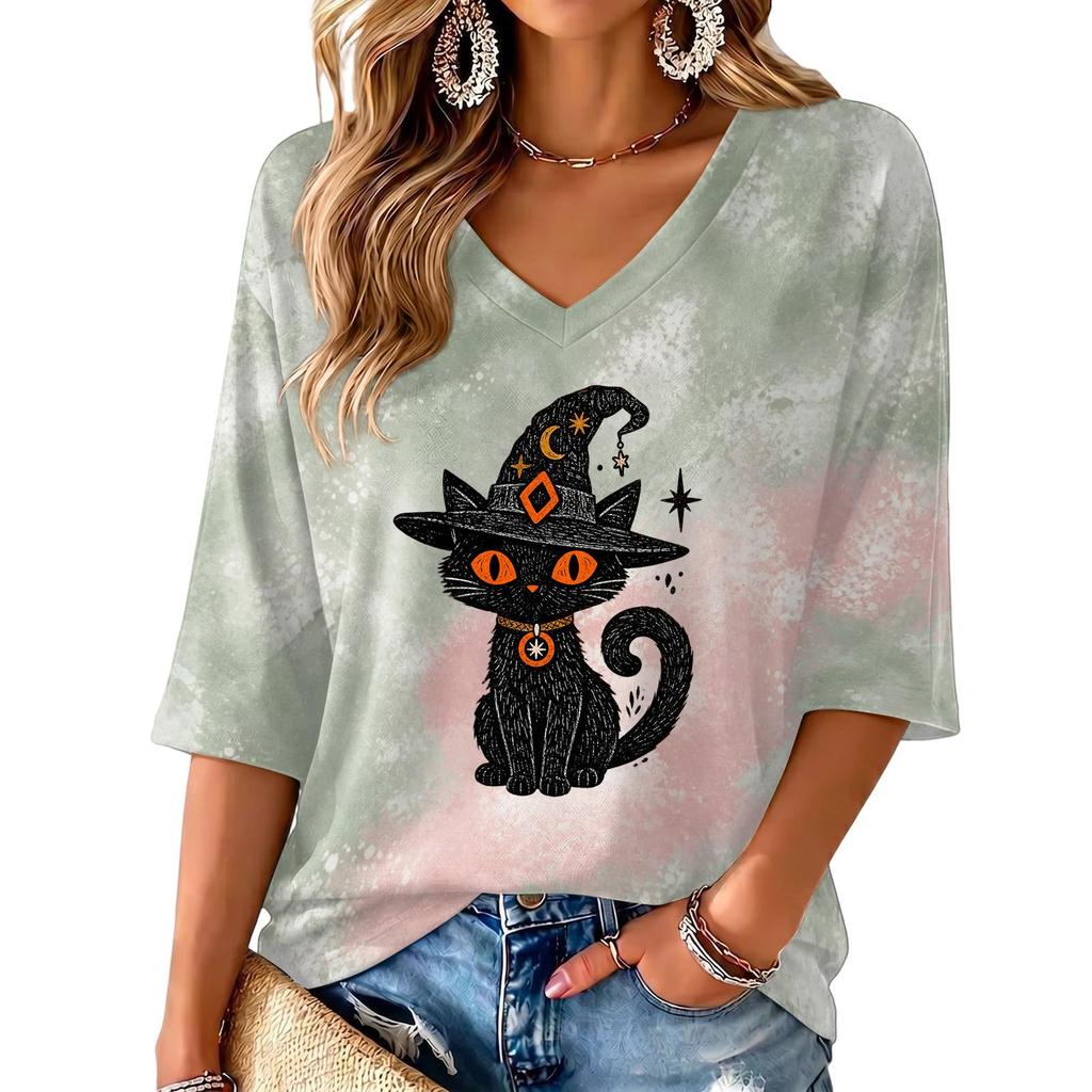 Women's V-Neck Halloween Printed Three-Quarter Sleeve Casual Blouse for Fall Festive Occasions