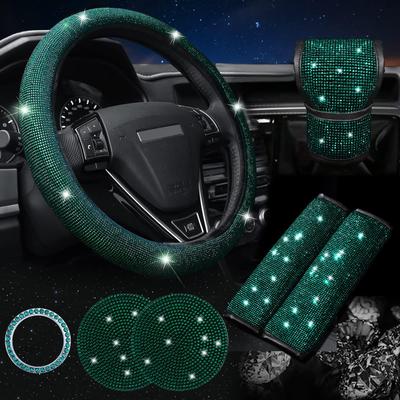 Diamond Rhinestone Car Accessory Set: Steering Wheel Cover, Seatbelt Covers & Cup Coasters