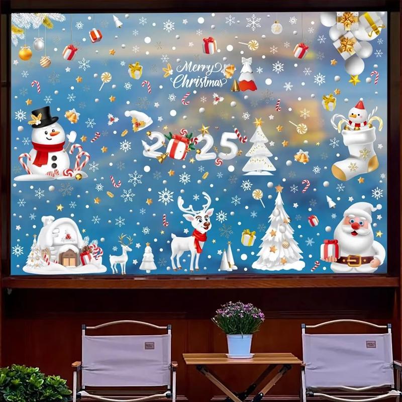 2025 Christmas Window Stickers Santa Claus Snowman Glass Sticker Christmas Home Room Decoration Static Stickers Happy New Year