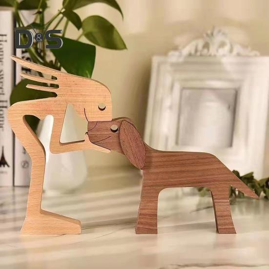 Hund Holzskulptur Haustier Gedenkgeschenk Hund und Mann Frau Statue Wohndekoration Welpe Familienfigur Geschenke für Hundeliebhaber