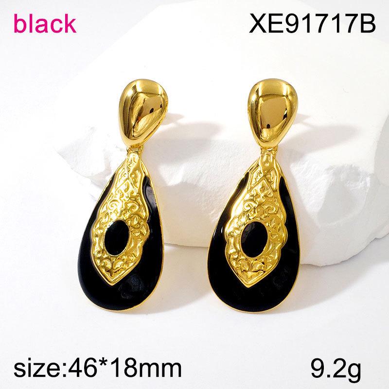 European & American Gold Plated Titanium Water Drop Earrings with Carved Retro Resin Texture