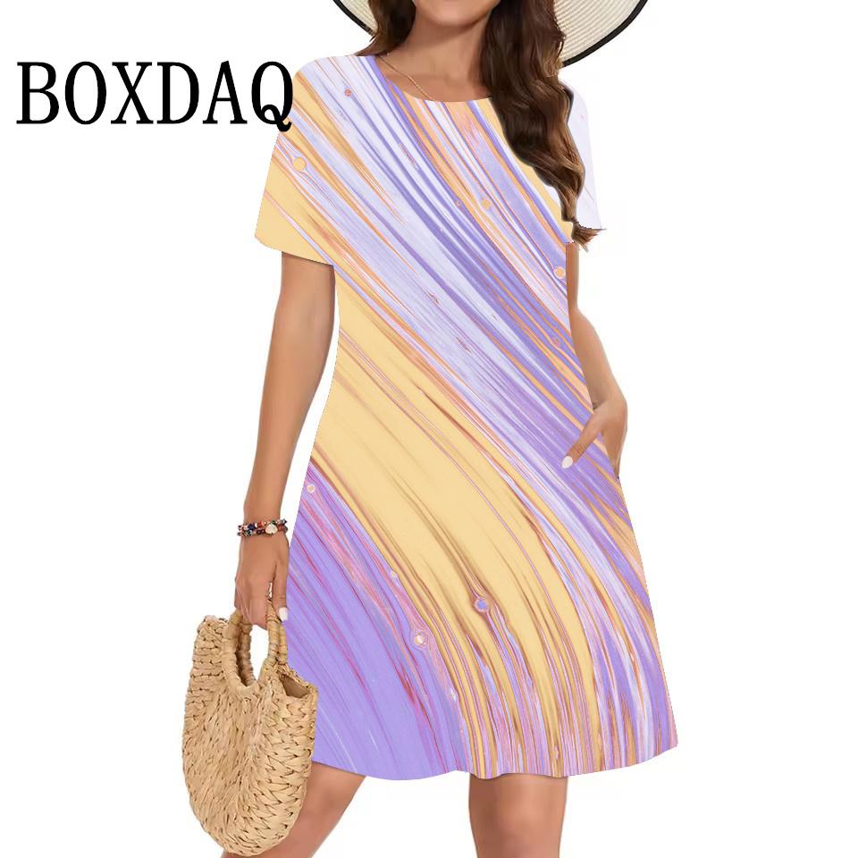 Summer Women Clothing Loose Short-Sleeved Dress Classy Fashion Gradient 3D Printing Casual O-Neck Dresses Street