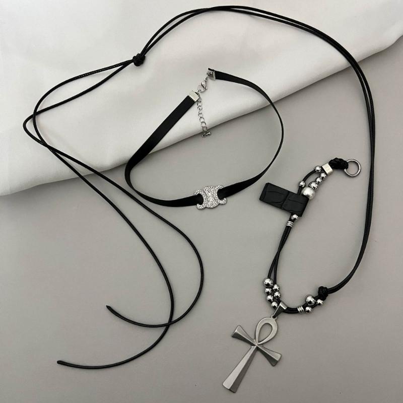 Lederseil Titanstahl Halskette Kreuz Anhänger Choker Kette Lange Pulloverkette Partner Schmuck Ornament Damen Mädchen