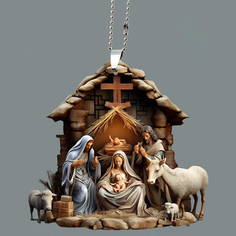 

Christmas Tree Jesus Pendant Ornament Family Prayer Scene Pendant Bright Colored Car Decoration Pendant Home Decorations
