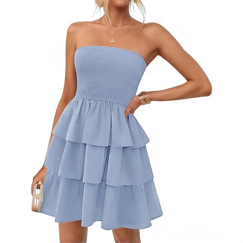 Women's Strapless Sleeveless Smocked Tiered Mini Dress Casual Summer Ruffle Layered Sundress
