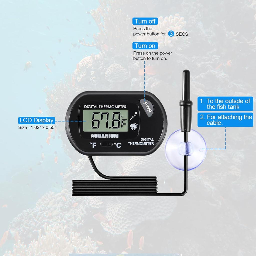Aquarium Thermometer LCD Digital Fish Tank Thermometer with Water-Resistant Sensor Probe and Suction Cup for Turtle Incubators Terrarium Water