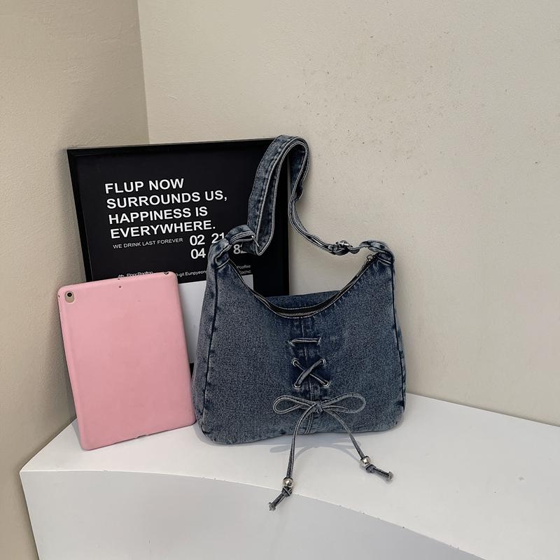 Denim Crossbody Bag Women's Bow Shoulder Bag Commuter Underarm Bag