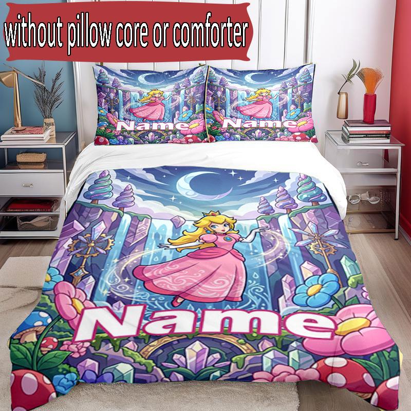 3pcs Duvet Cover Set (1*Duvet Cover + 2*Pillowcase, Without Core), Custom Name Princess Peach Toadstool Pattern Bedding Set, Home Bedroom Decor Gift