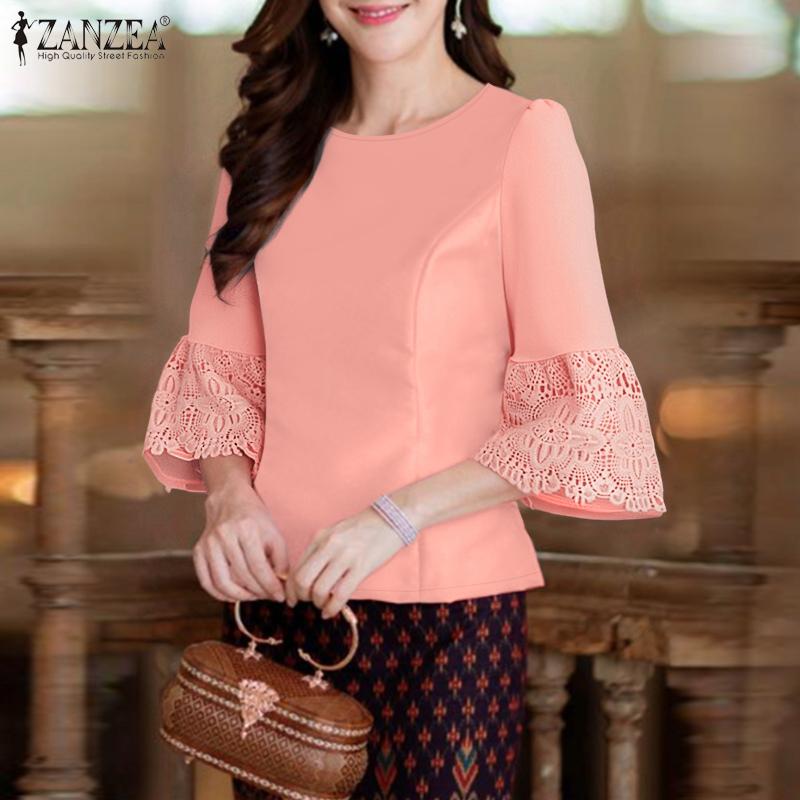 

ZANZEA Womens Casual Round Neck Patchwork Lace 3/4 Sleeve Summer Blouse S синій