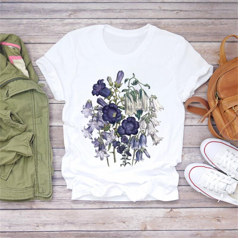 Casual Flower Graphics Women's T-Shirt 90S Summer Blouse Short Sleeves Tees Loose White O-Neck Shirts Female Tops Kpop Clothing