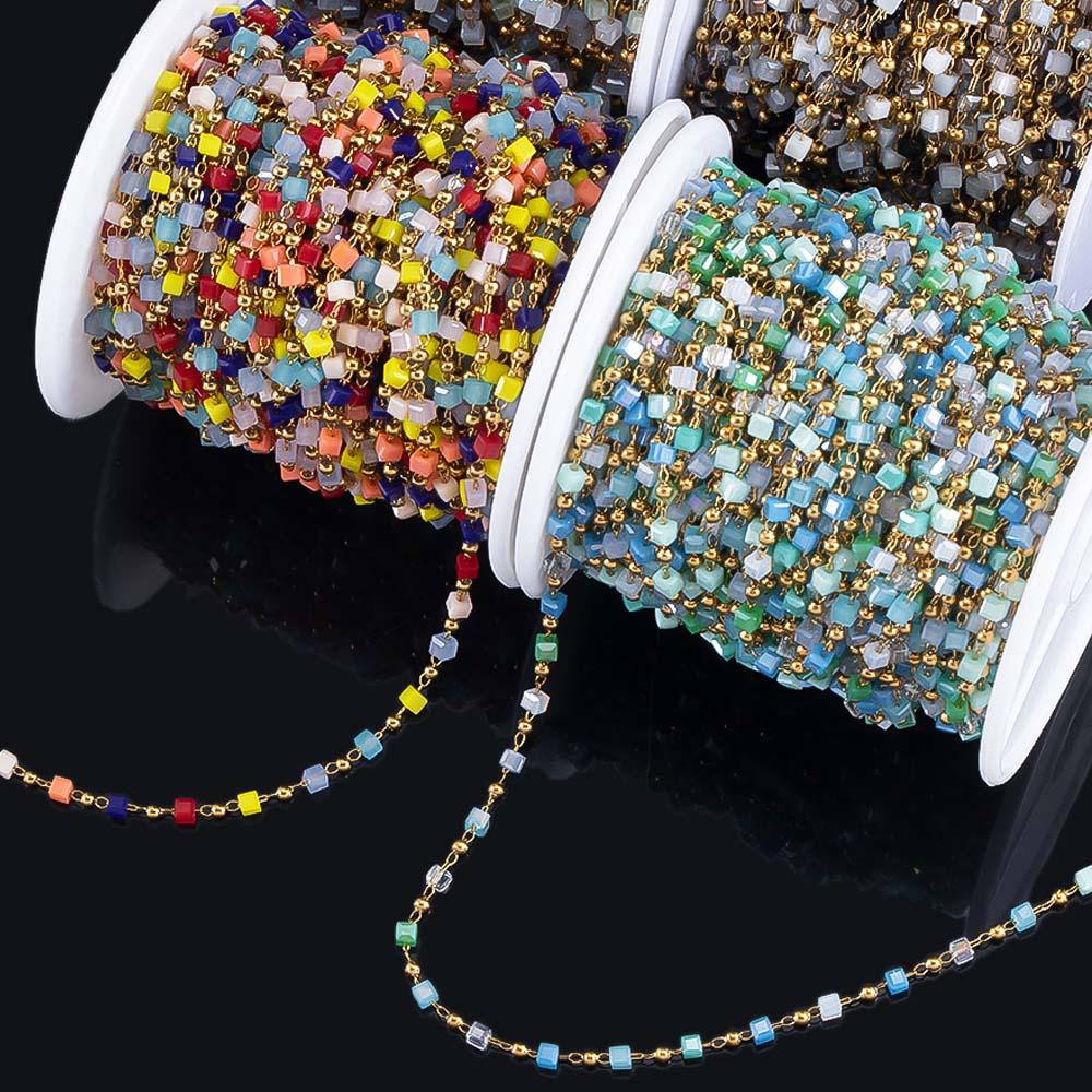 0.5M 1M 2.5mm Stainless Steel Chain Color Cube Square Glass Beads Chain for Jewelry Making DIY Boho Necklaces Bracelets Material